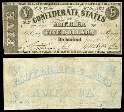 Second series $5 Confederate States of America banknote. Confederate States of America across front, only 1861 issued note with a printed reverse. by Jules Manouvrier